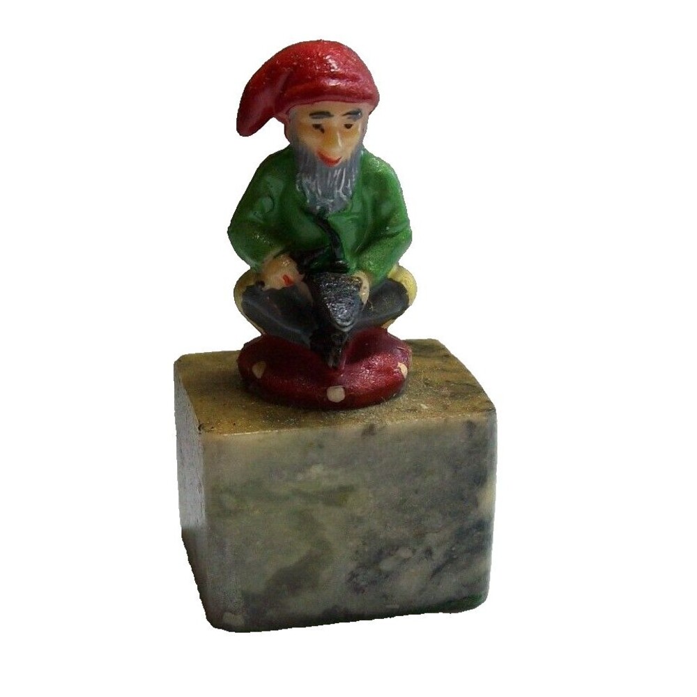 Gnome Elf Figure Vintage Figurine Fantasy Seated On Mushroom Marble Base Dwarf